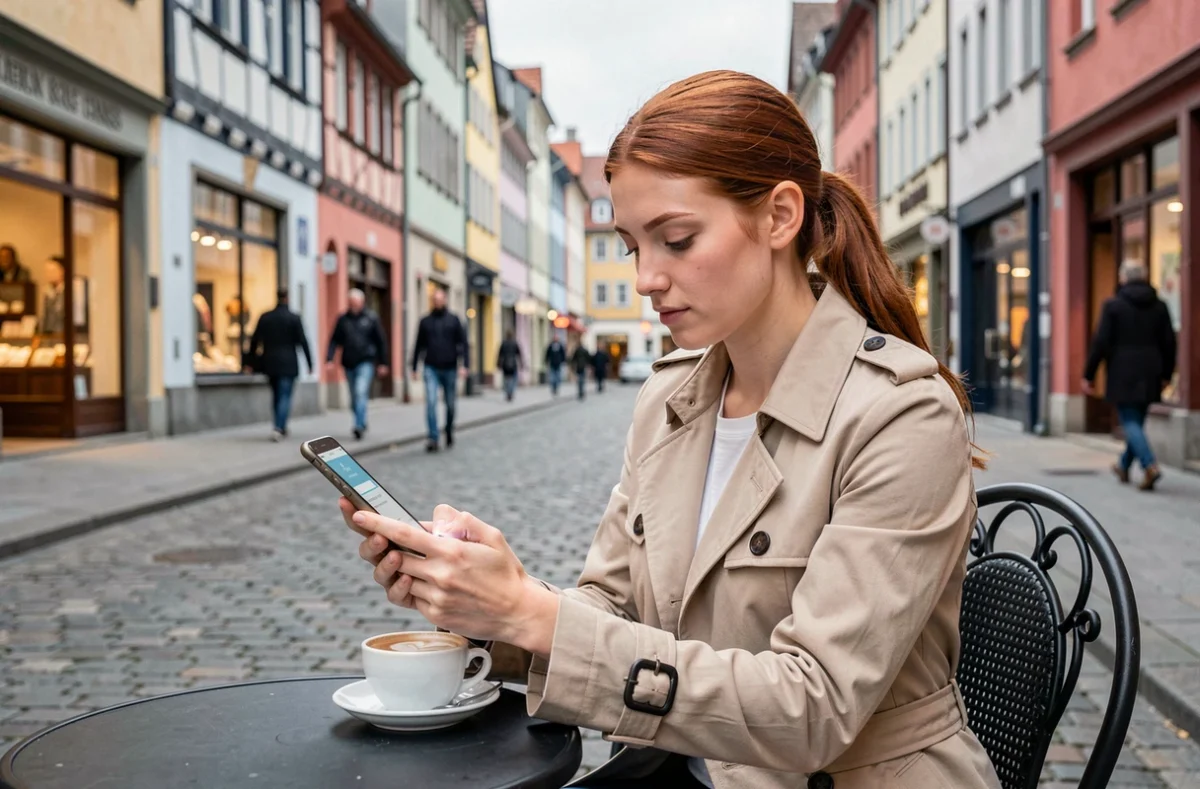 Jeune femme activant une adresse email sur smartphone en terrasse de café à Strasbourg