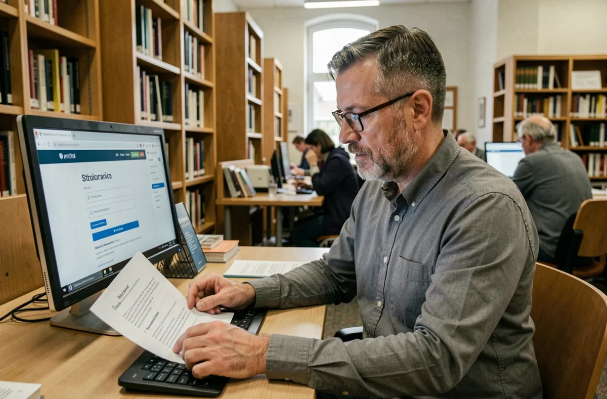 Homme activant un compte email sur ordinateur dans une bibliothèque publique à Strasbourg avec guide imprimé