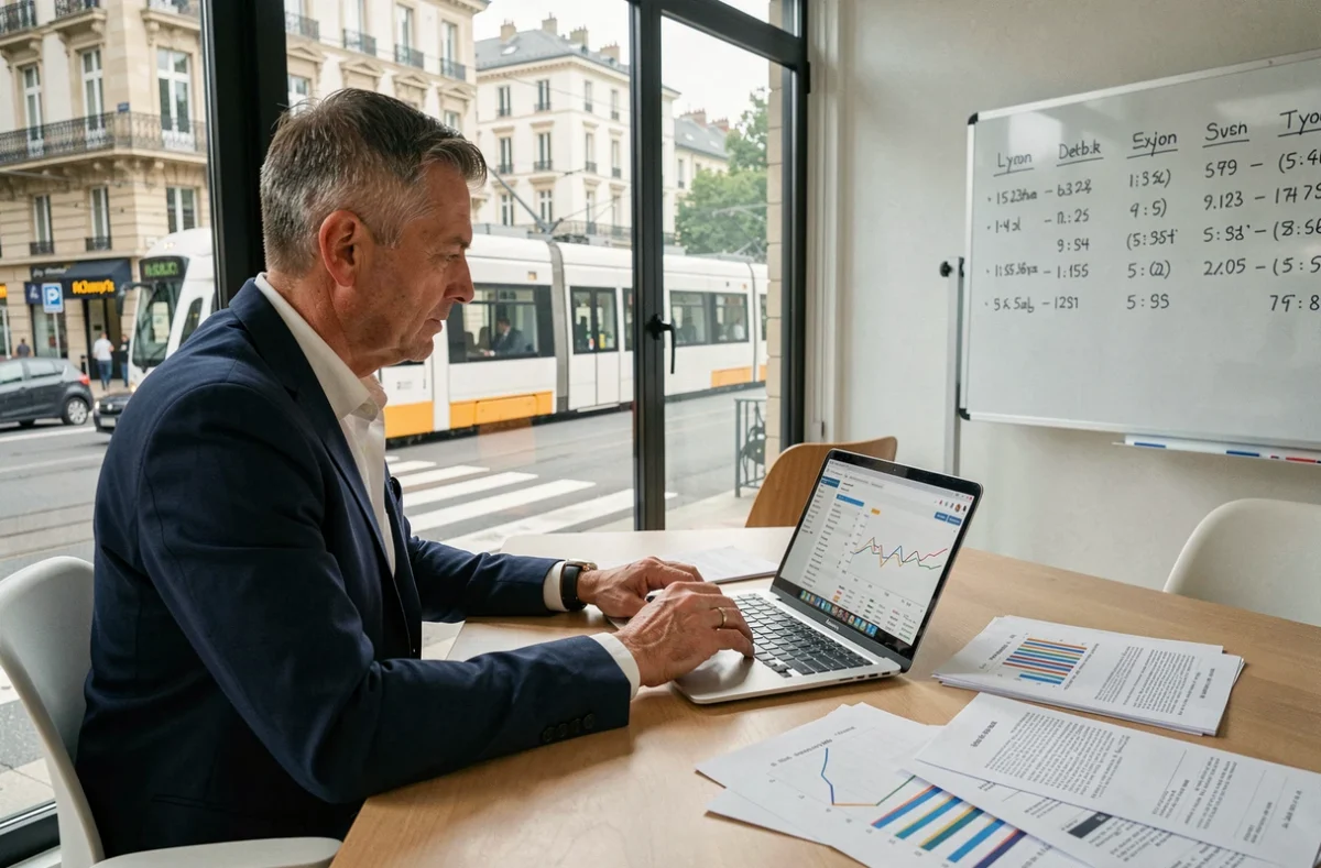 Agent immobilier lyonnais analysant les données du marché locatif en agence, hausse des loyers Lyon 2026