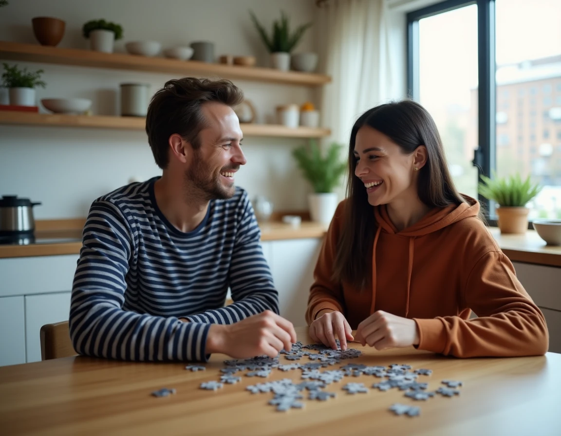Deux amis jouant à un puzzle ensemble dans une cuisine moderne, idée de loisir convivial