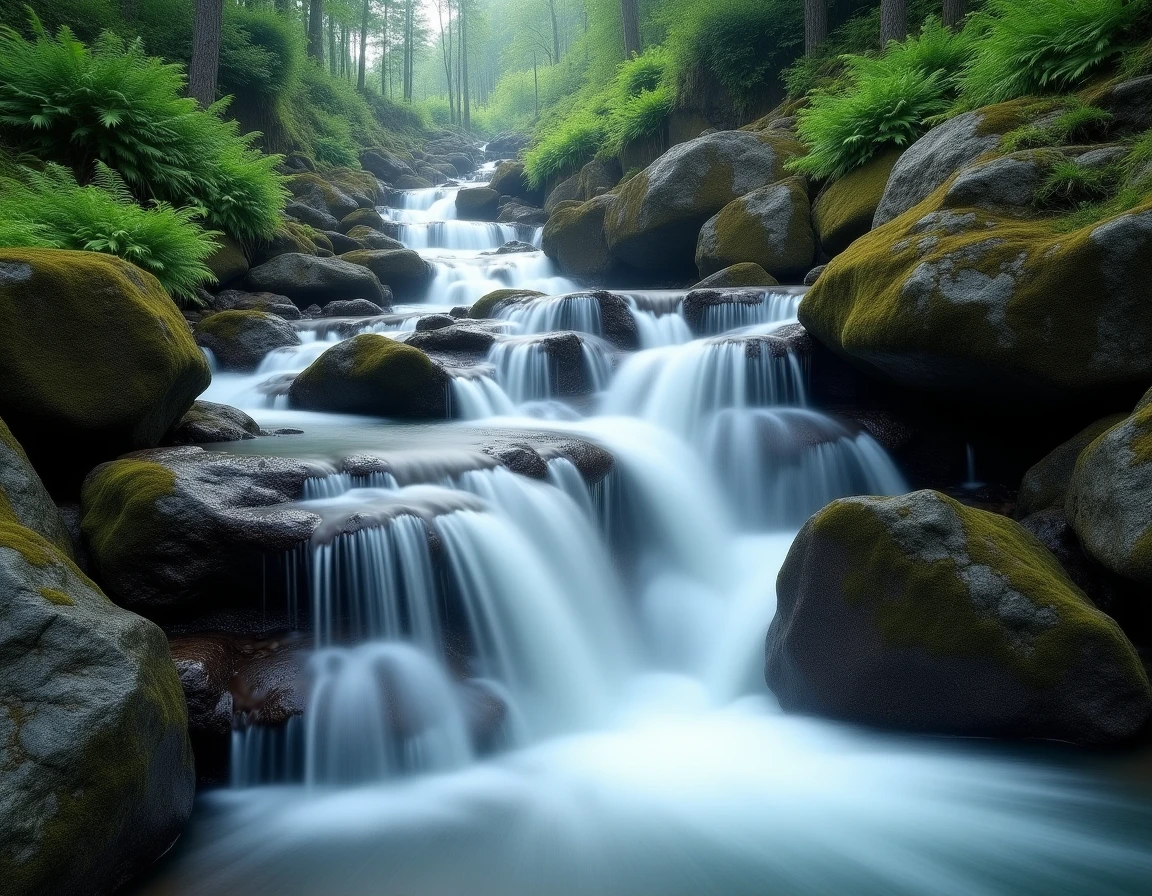 Cascade naturelle en montagne avec eau s'écoulant en plusieurs filets sur des rochers granitiques couverts de mousse dans une forêt tempérée