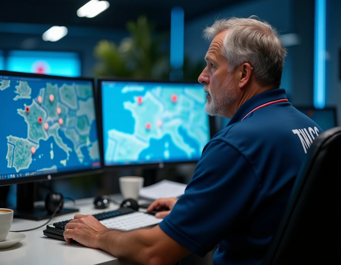 Dispatcher d'un service de remorquage poids lourds supervisant les interventions sur une carte numérique des autoroutes françaises