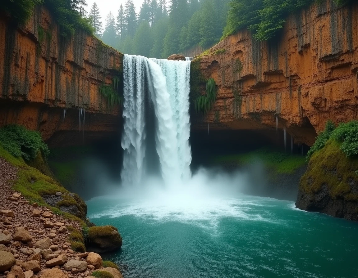 Chute d'eau verticale tombant d'une falaise de grès dans un bassin naturel entouré de rochers couverts de mousse