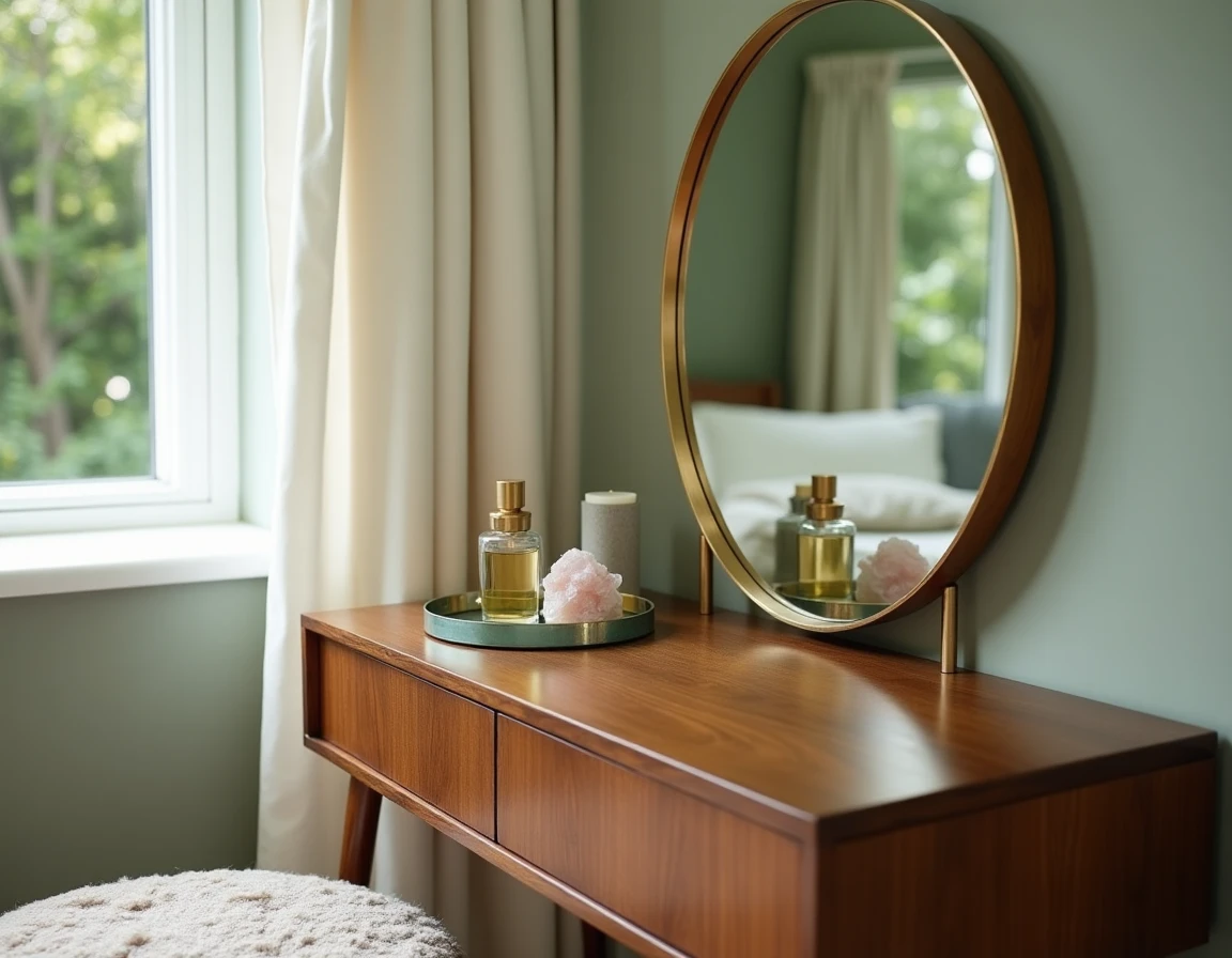 Coiffeuse vintage en bois avec miroir en laiton, cristaux et bougies dans une chambre sage green pour une déco intérieure apaisante