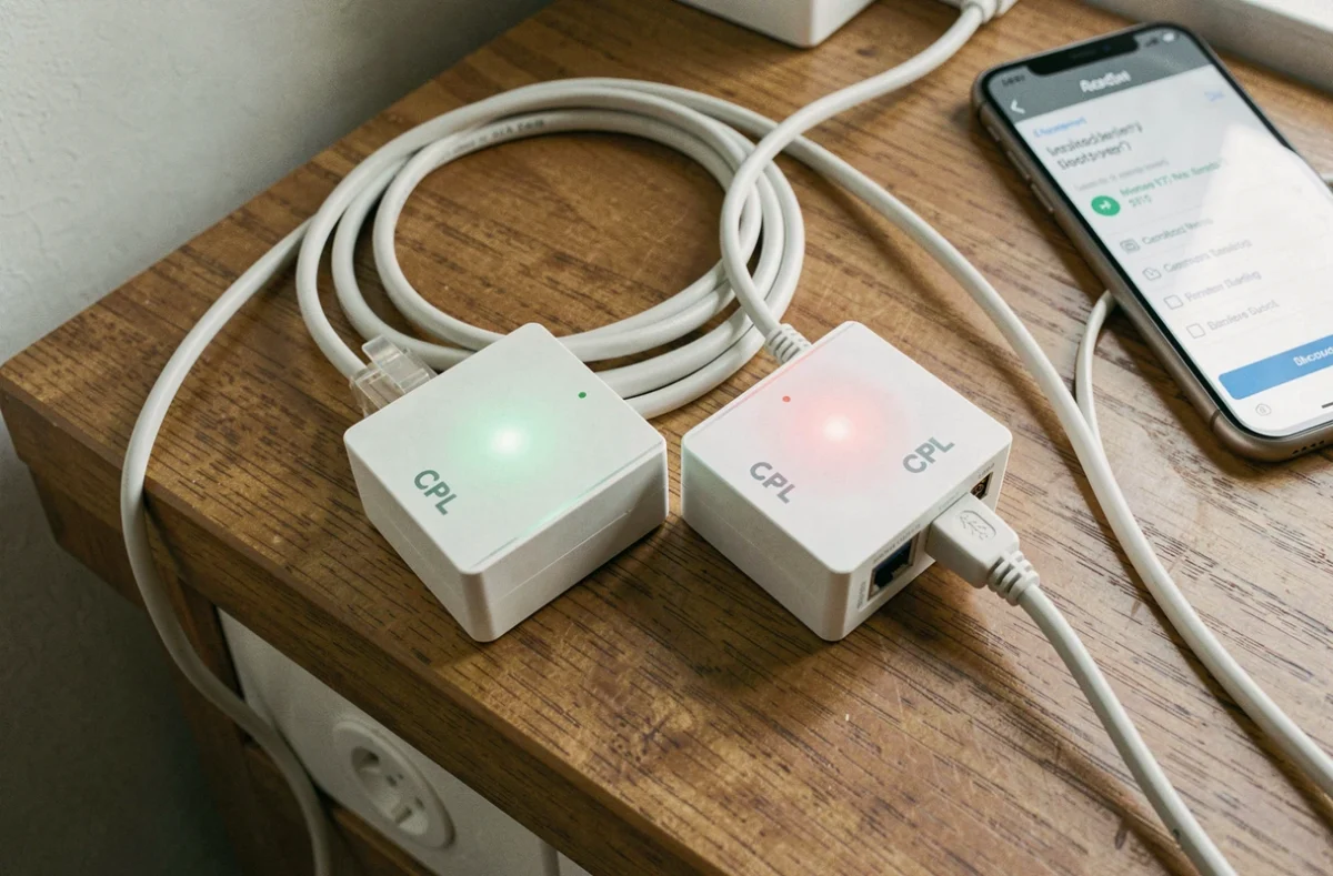 Comparaison de deux prises CPL, une avec LED verte et une avec LED rouge clignotante sur un bureau