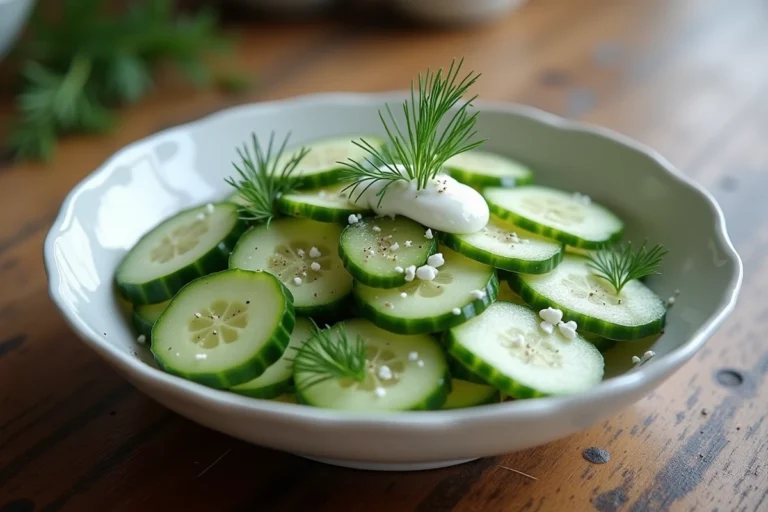 Salade de concombre à la crème fraîche et à l'aneth servie dans un bol en céramique blanche sur une table en chêne rustique
