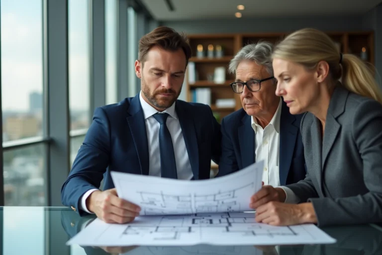 Conseiller immobilier avec couple et plans de maison