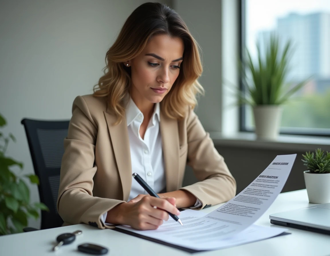 Femme d'affaires analysant un contrat de leasing automobile lié aux conditions de reprogrammation du véhicule