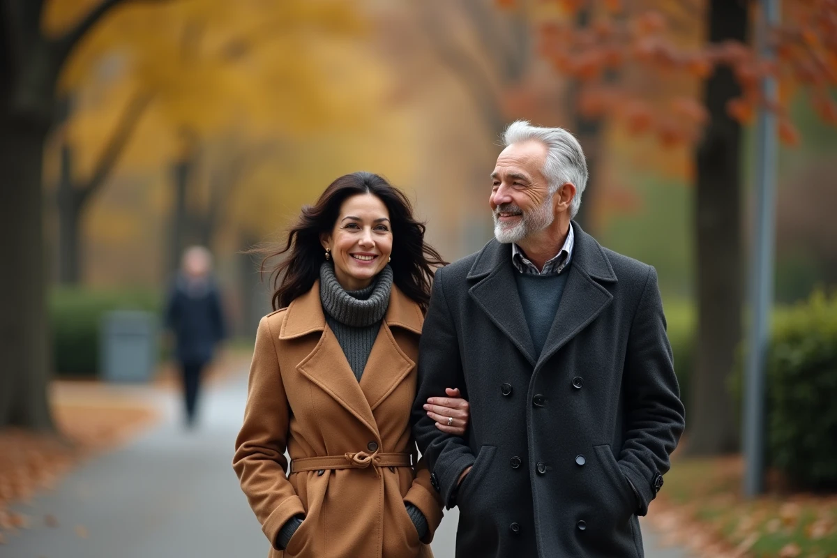 Couple élégant se promenant dans une rue arborée d'un quartier résidentiel chic, évoquant la vie privée et discrète d'un couple célèbre