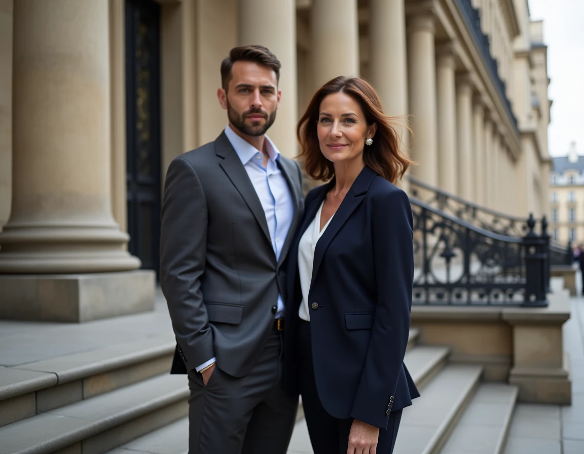 Couple élégant posant devant un immeuble haussmannien à Paris, symbolisant une histoire d'amour dans la capitale française