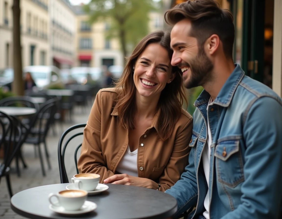 Couple français souriant à une terrasse de café parisien, atmosphère romantique et décontractée