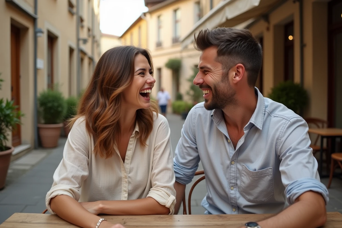 Couple souriant partageant un moment complice en terrasse dans un village français, illustrant une belle histoire d'amour