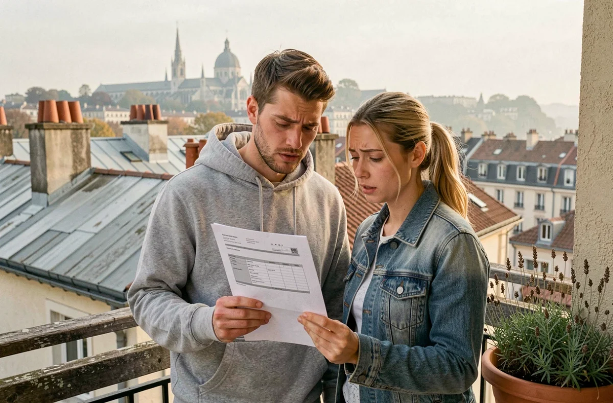 Couple de locataires sur un balcon à Lyon Croix-Rousse consultant un bail de location, inquiétudes hausse des loyers 2026