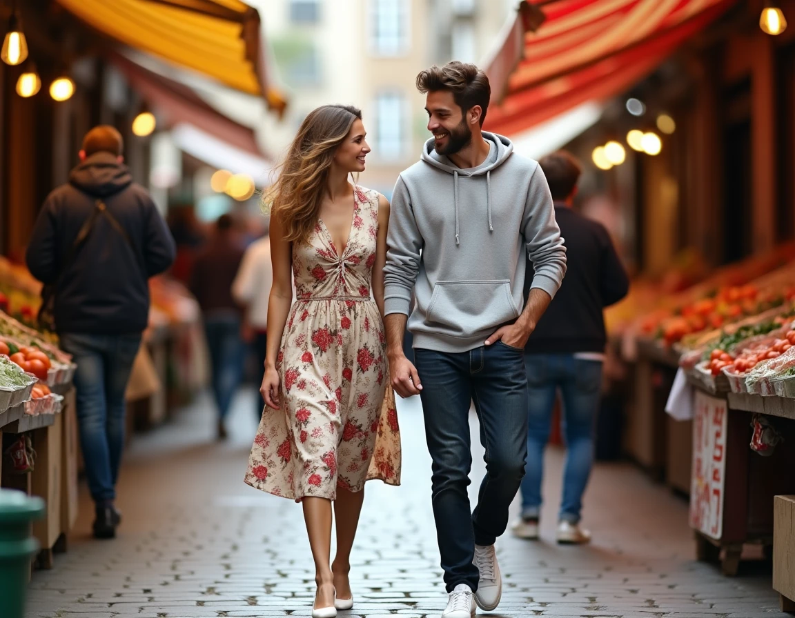 Couple se promenant dans un marché français animé, scène de vie quotidienne authentique