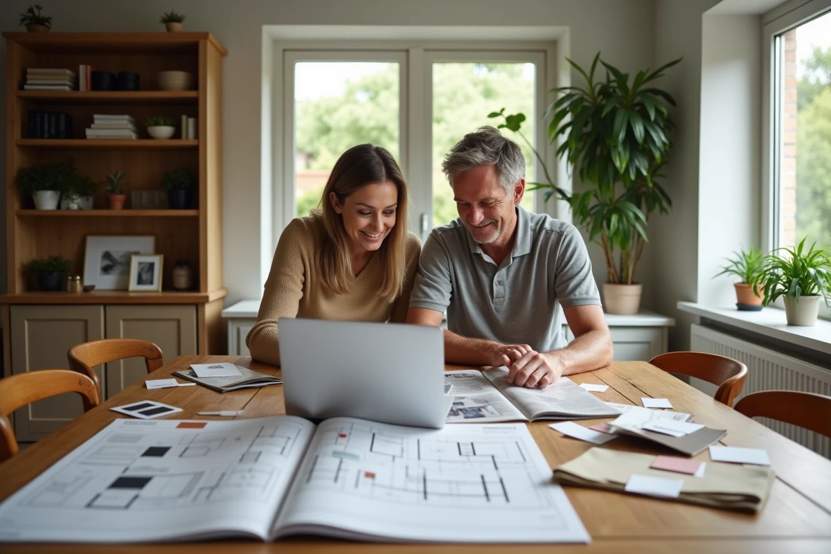 Couple planifiant l'aménagement intérieur de leur maison autour d'une table avec échantillons de matériaux et magazines de décoration