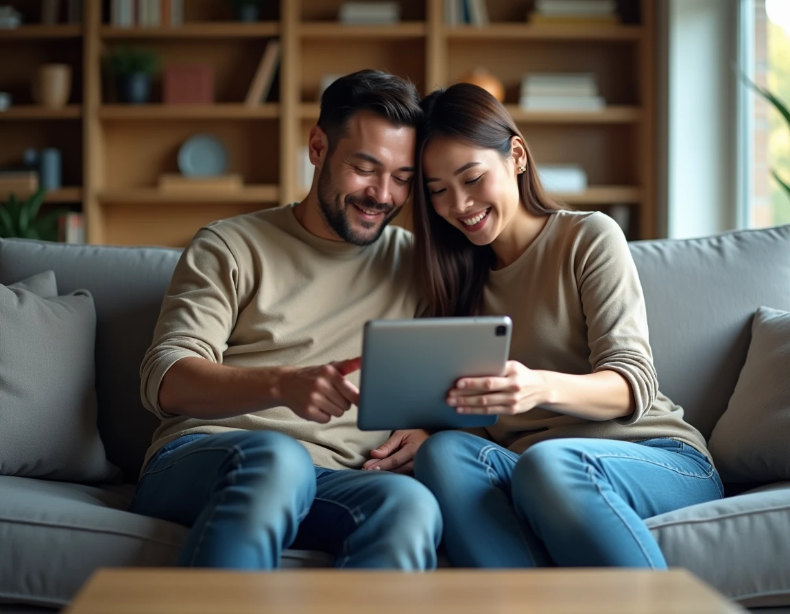 Couple consultant ensemble le portail en ligne de gestion de sinistres et remboursements d'assurance sur une tablette