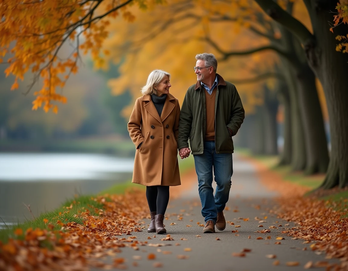 Couple marchant main dans la main sur un chemin automnal au bord de la rivière, évoquant une histoire d'amour authentique et complice