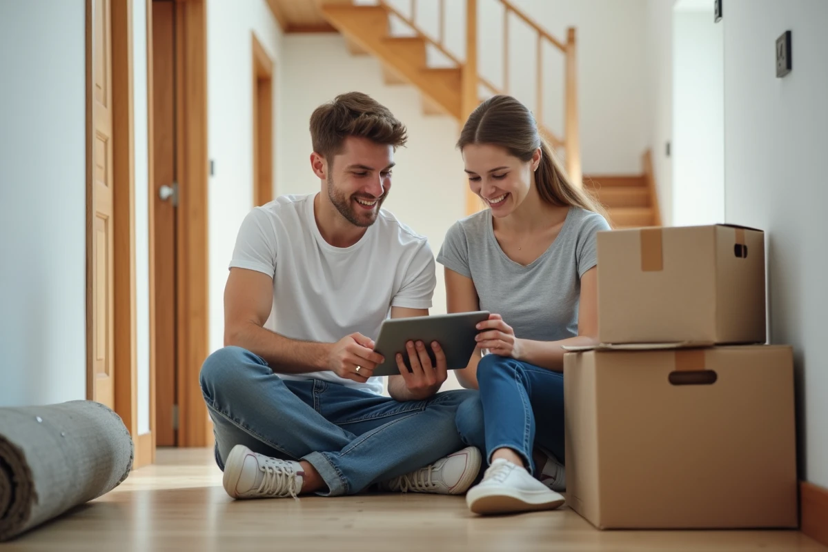 Jeune couple vérifiant une liste de déménagement sur tablette dans un couloir