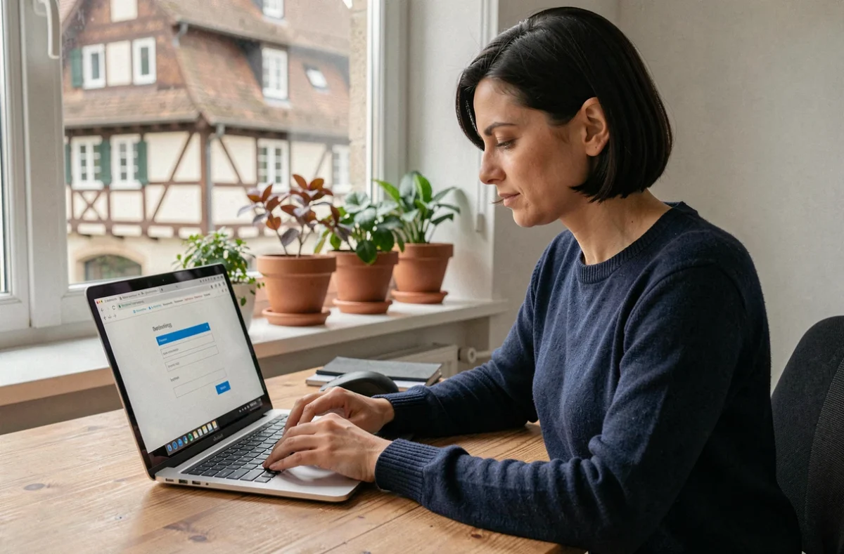Femme créant une adresse mail sur ordinateur portable dans un bureau à domicile avec vue sur Strasbourg