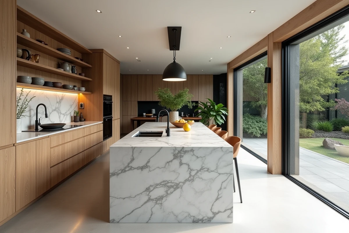 Cuisine moderne haut de gamme avec îlot en marbre, armoires en chêne blanc et ouverture sur jardin paysager