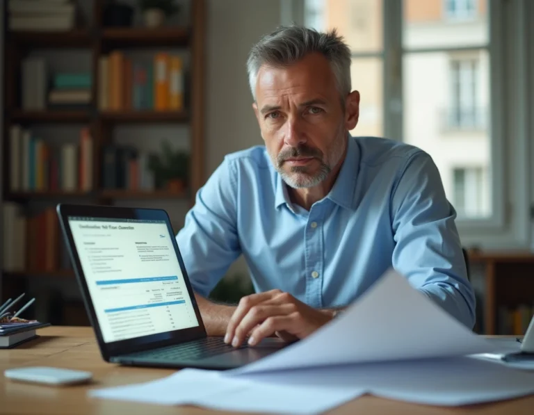 Homme consultant sa déclaration d'impôts et des documents fiscaux liés à un transfert d'argent à l'étranger