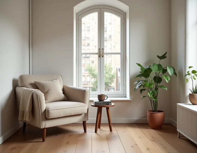 Coin salon scandinave cosy avec fauteuil en lin, table en noyer et plante verte dans pot en terre cuite pour une déco intérieure chaleureuse