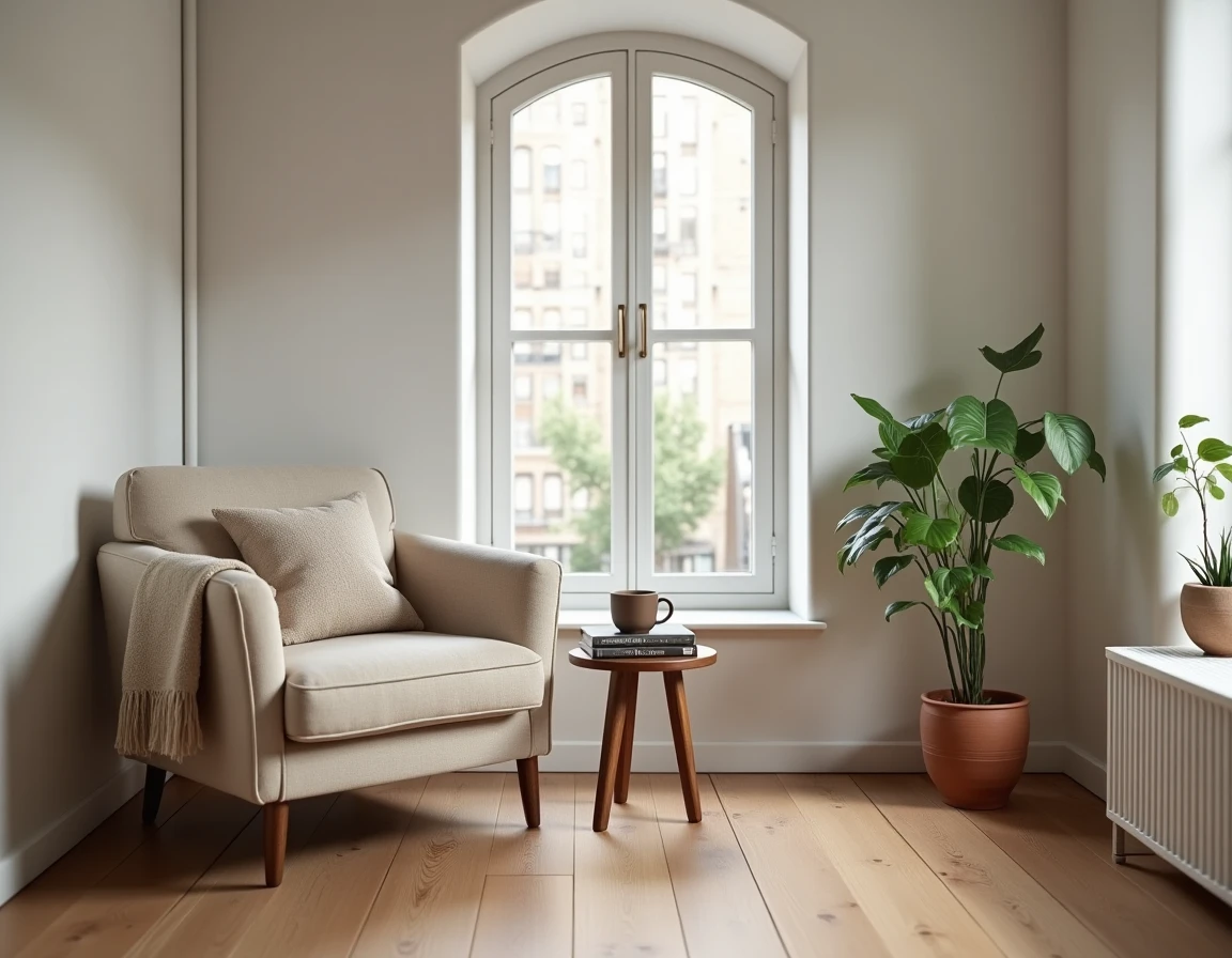 Coin salon scandinave cosy avec fauteuil en lin, table en noyer et plante verte dans pot en terre cuite pour une déco intérieure chaleureuse