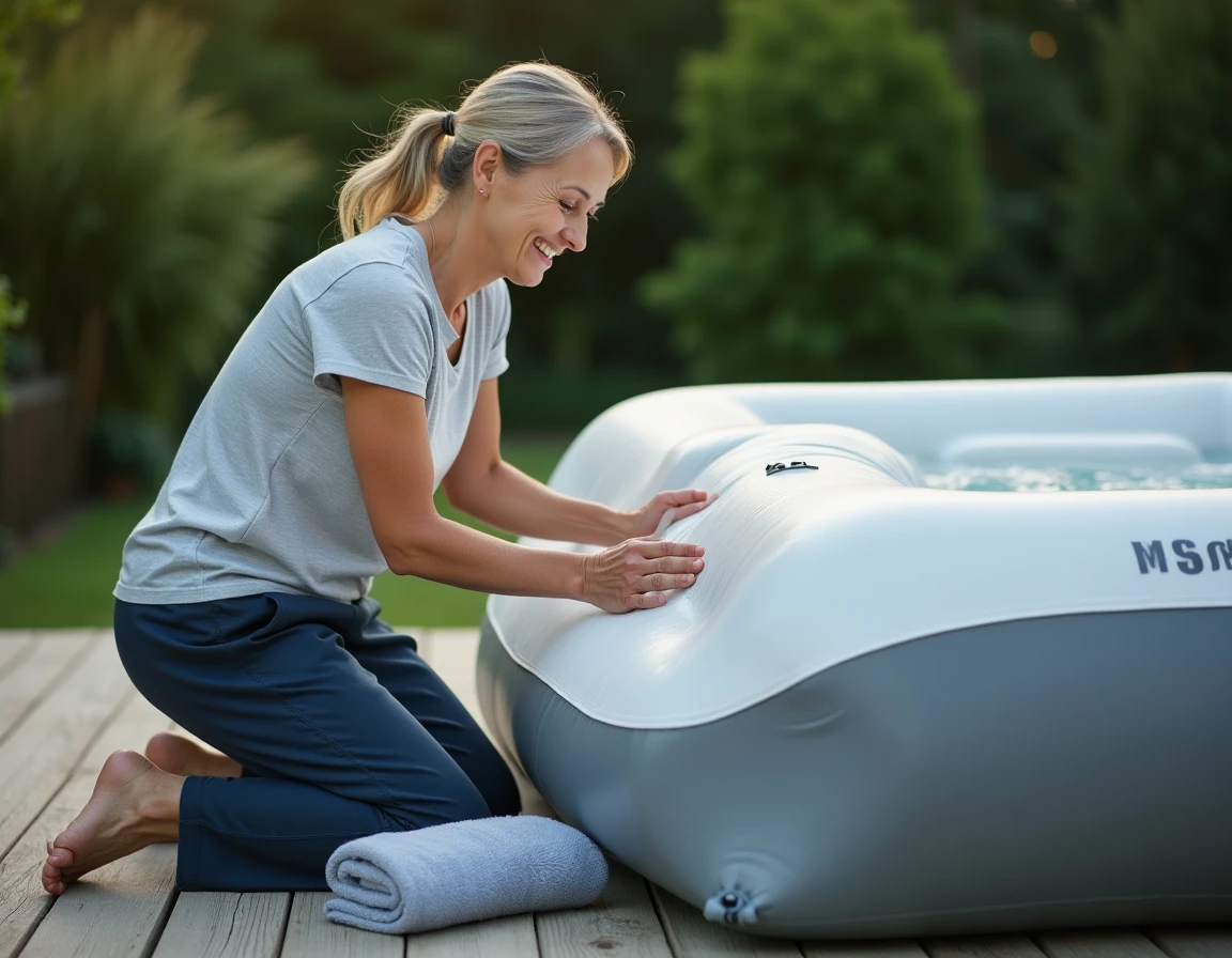 Femme dégonflant un spa gonflable MSPA Lite sur une terrasse en bois en appuyant sur la paroi en vinyle