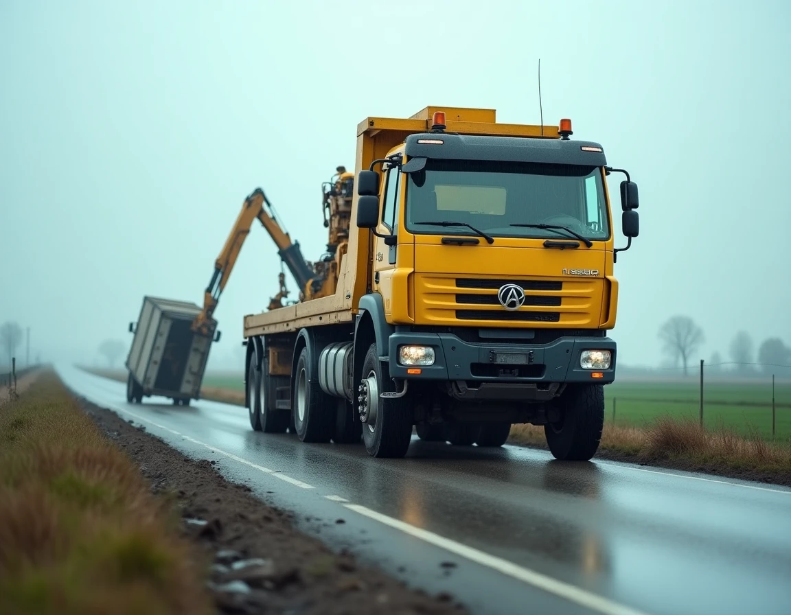 Camion de dépannage lourd soulevant un poids lourd accidenté sur une route rurale française sous la pluie