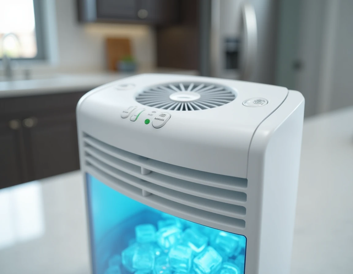 Gros plan sur le réservoir d'eau et le panneau de commande d'un rafraîchisseur d'air évaporatif avec glaçons