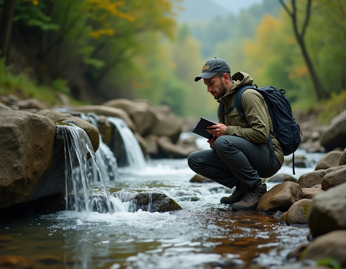 Photographe de nature observant et comparant une cascade en gradins et une chute d'eau libre dans une vallée forestière