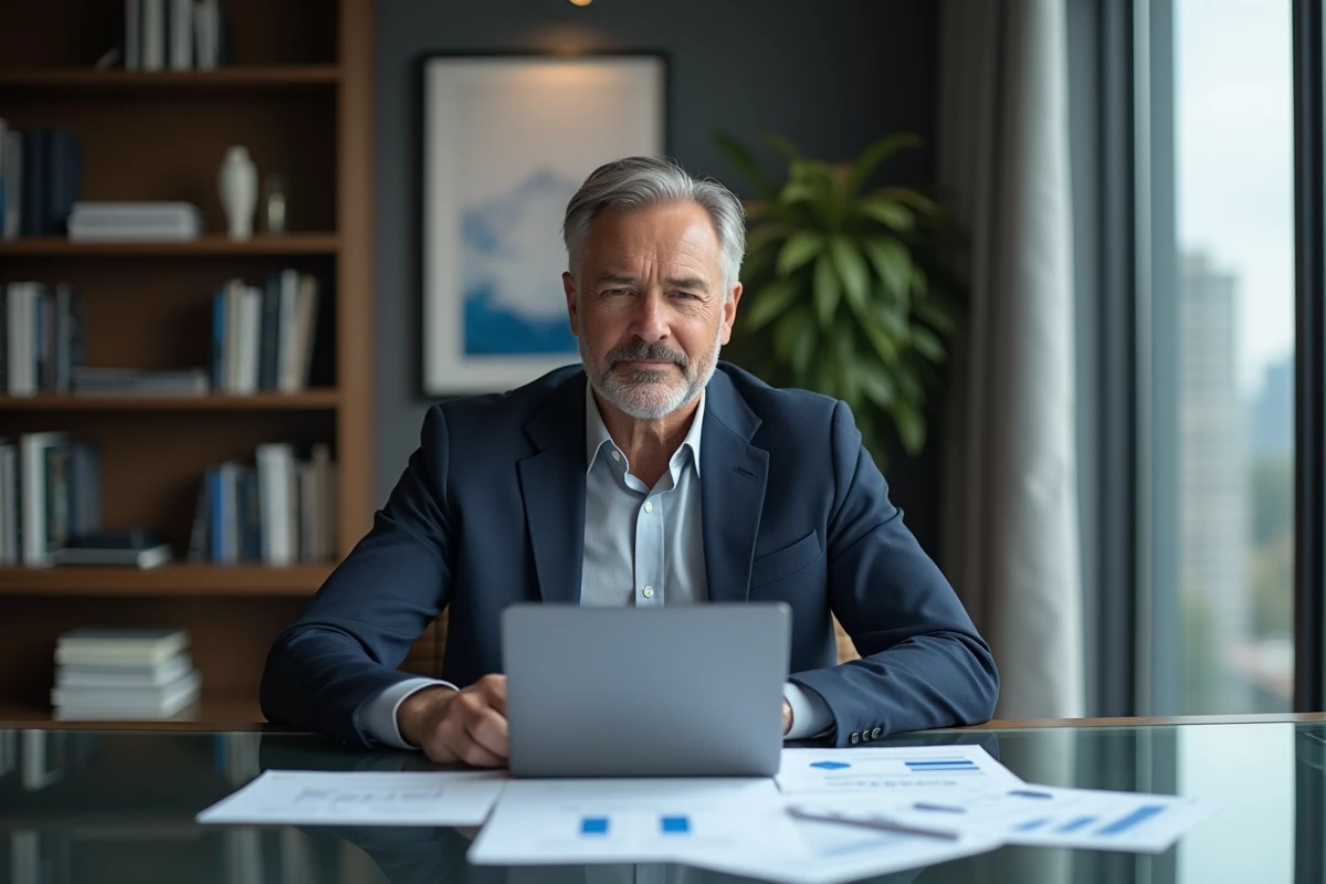 Dirigeant d'entreprise en appel vidéo stratégique dans un bureau exécutif élégant, représentant l'expertise de NewCom inc