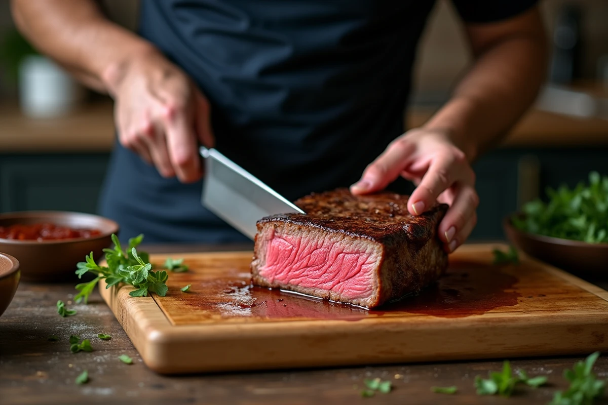 Entrecôte réchauffée tranchée sur une planche en bois révélant un intérieur rosé et juteux avec des herbes fraîches