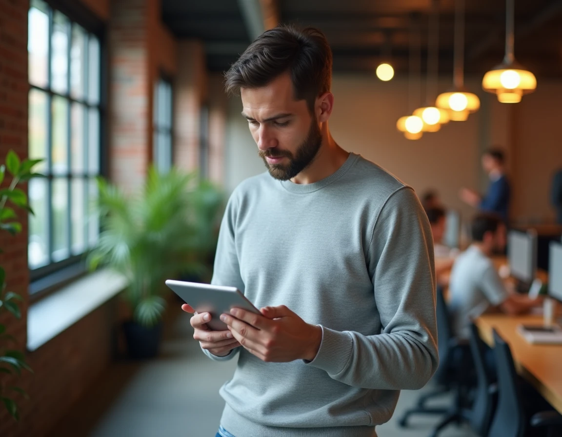 Entrepreneur utilisant une tablette dans un espace de coworking moderne pour accéder à des ressources numériques