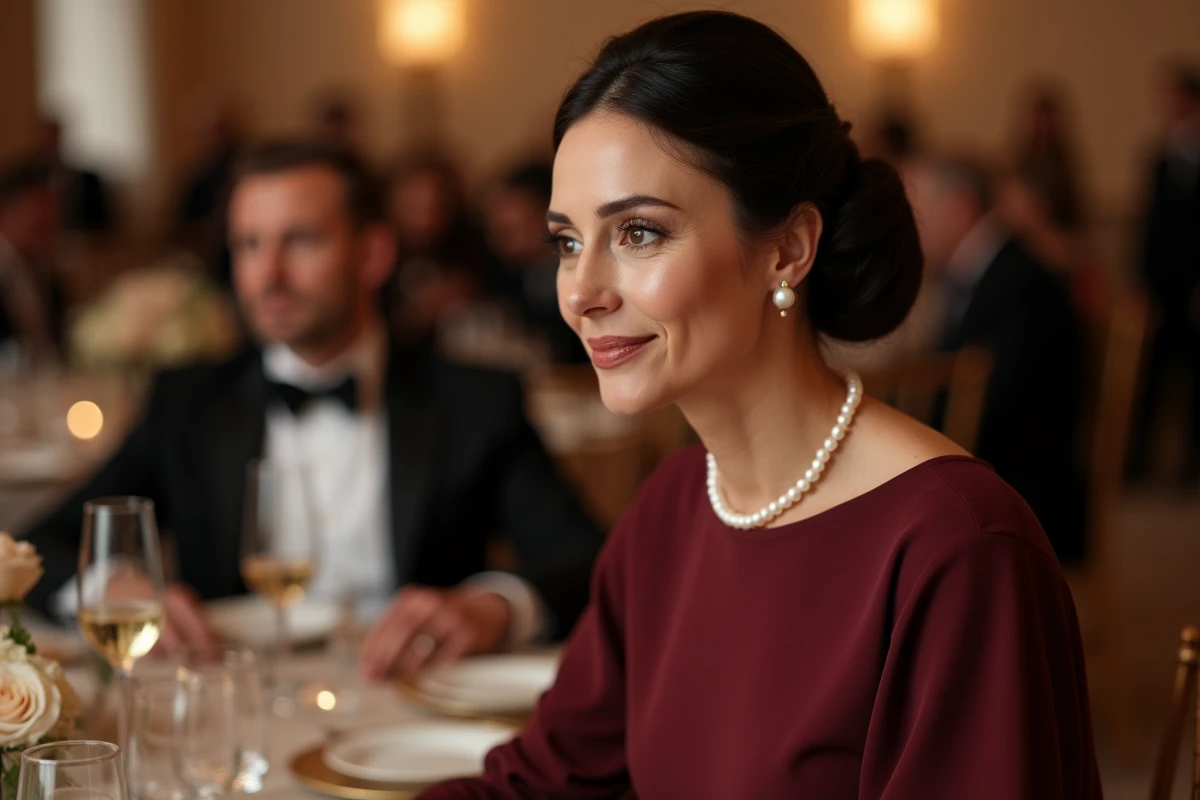 Femme élégante en robe bordeaux assise lors d'un gala de charité, illustrant le rôle discret mais présent d'une épouse de star dans les événements officiels