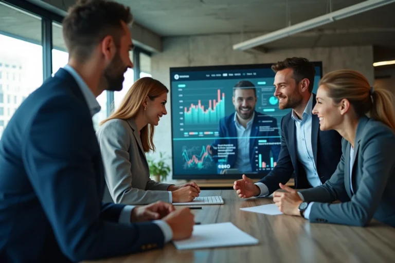 Équipe de professionnels en réunion autour d'un écran tactile affichant des données d'innovation dans les bureaux modernes de NewCom inc