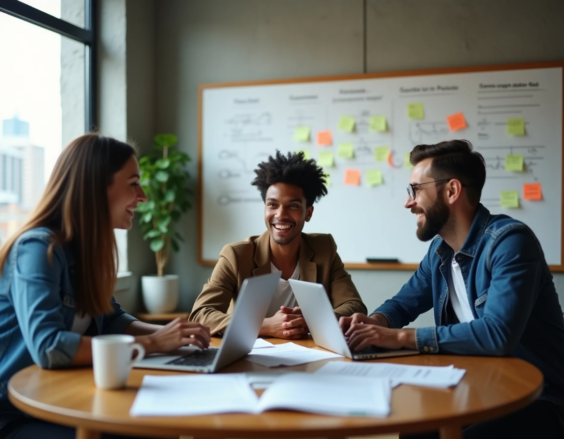 Équipe de jeunes entrepreneurs en réunion collaborative autour de ressources numériques et d'outils de stratégie en ligne