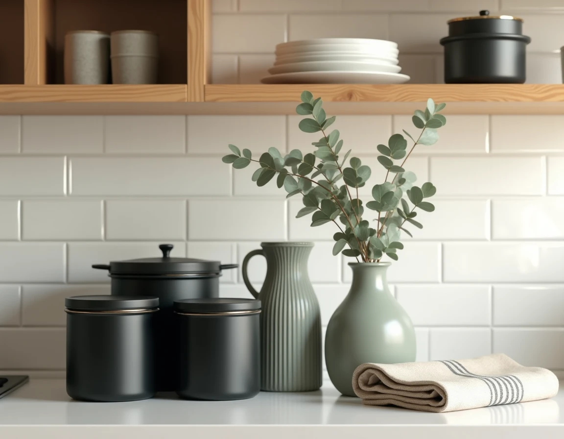 Étagère cuisine décorée avec des bocaux mats, un vase en verre nervuré et une cruche en céramique verte pour un intérieur lifestyle tendance
