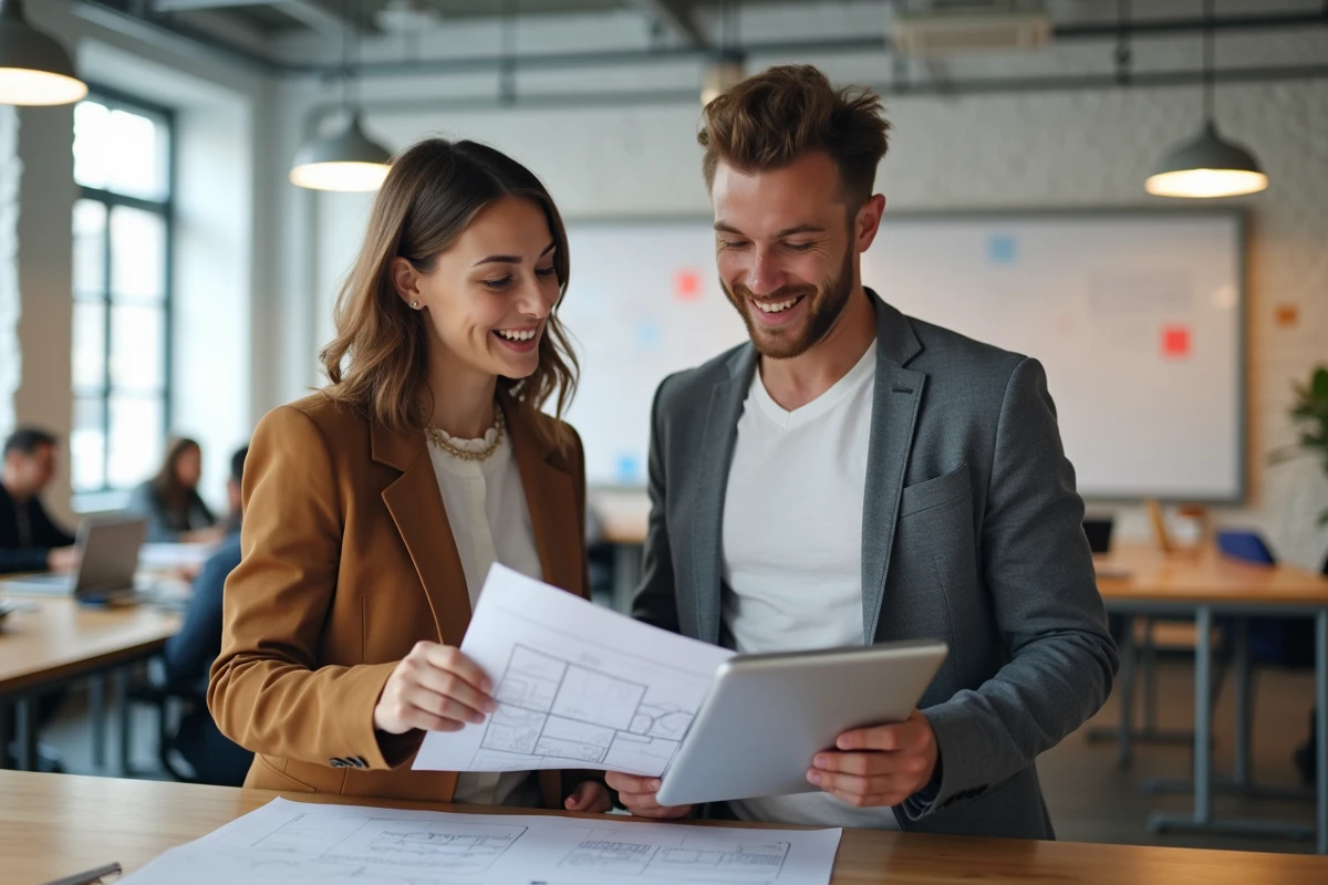 Deux experts de NewCom inc analysant des plans de projet sur tablette et documents imprimés dans un espace de coworking moderne