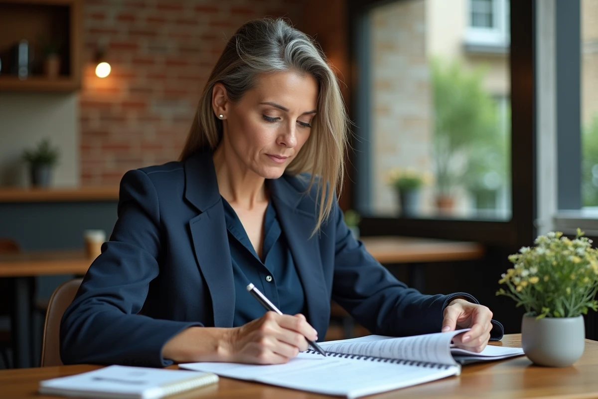 Femme travaillant seule dans un café contemporain