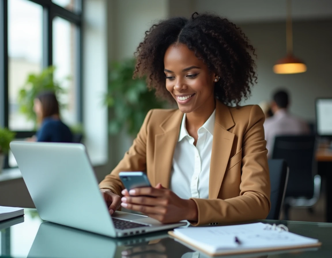 Femme utilisant son téléphone et son ordinateur pour déclarer un envoi d'argent à l'étranger aux impôts