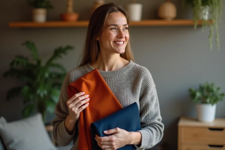 Femme souriante tenant des échantillons de tissus dans un salon cosy