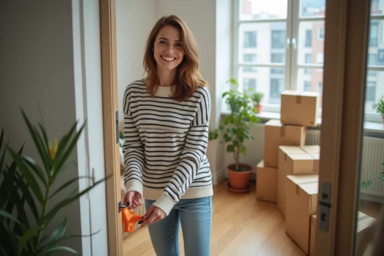 Femme souriante préparant son déménagement dans un appartement moderne