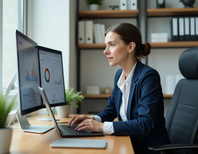 Femme entrepreneur analysant des tableaux de bord analytiques sur ordinateur dans un bureau à domicile moderne
