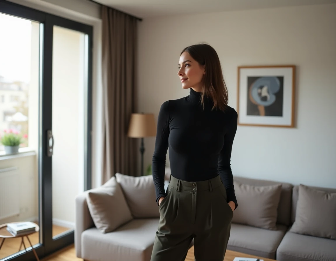 Femme française élégante dans un appartement moderne, style de vie urbain contemporain
