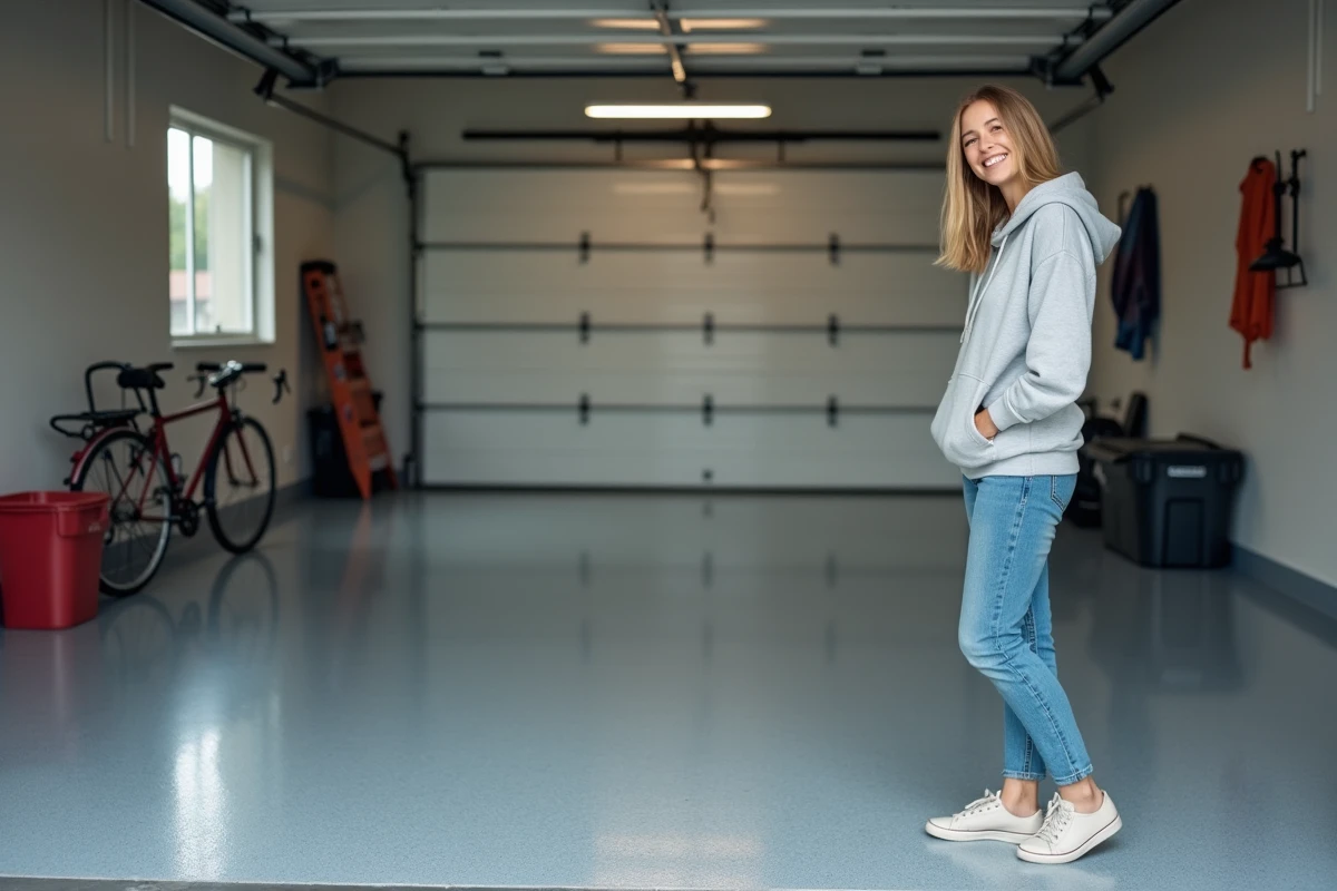 Jeune femme souriante dans un garage rénové avec sol epoxy