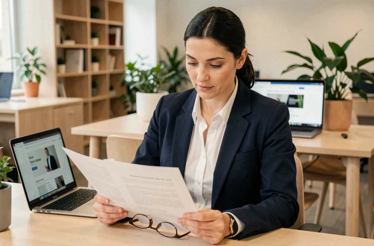 Femme juriste en bureau moderne consultant les mentions légales d'un site internet