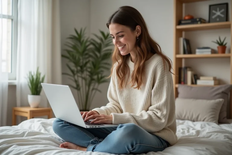 Jeune femme assise sur un lit scandinave avec ordinateur portable