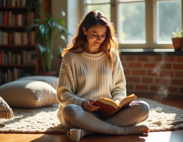 Femme lisant un livre dans un salon cosy avec une tasse de café, idée de loisir à domicile