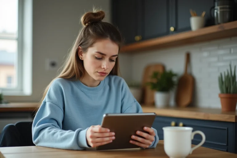 Jeune femme lisant les actualités sur une tablette dans une cuisine moderne